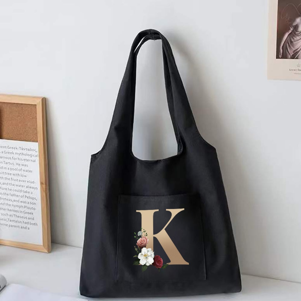 Womens Shopping Bag Grocery Handbags Hot Flower Gold Letter Pattern Canvas Portable One-Bags For Girl Tote Bag