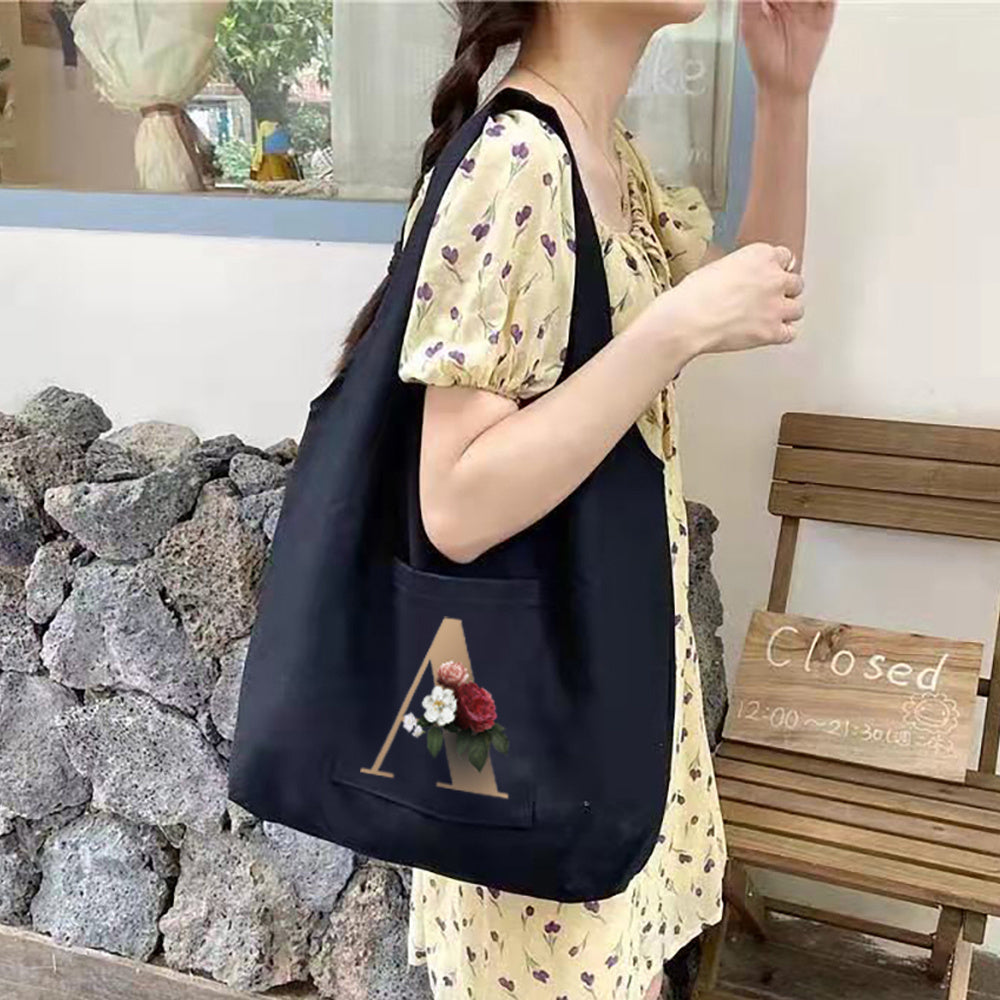 Womens Shopping Bag Grocery Handbags Hot Flower Gold Letter Pattern Canvas Portable One-Bags For Girl Tote Bag