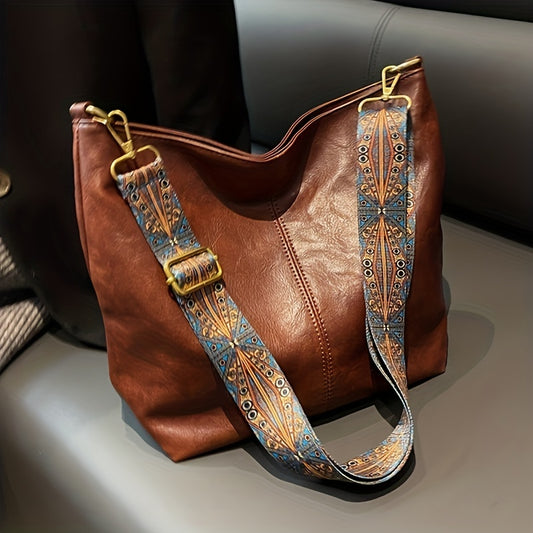 Retro Style Crossbody Bag For Women, Fashion Large Capacity Shoulder Bag, Geometric Strap Hobo Bag