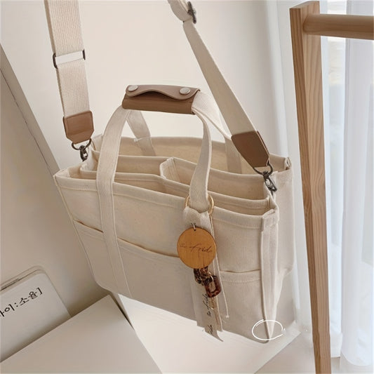 Canvas Tote Bag With Seperations, Durable Lightweight Shoulder Bag, Casual Practical Commuter Mommy Bag